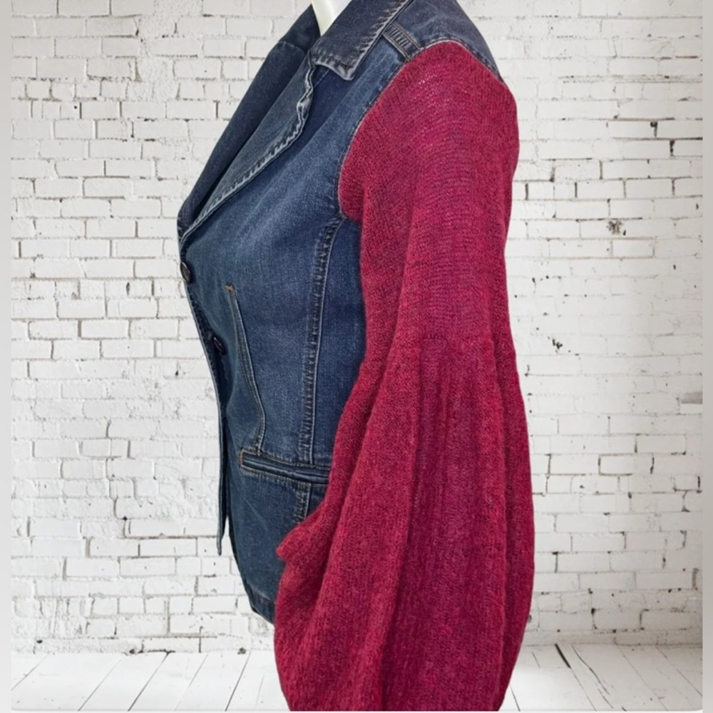 UPCYCLED one of a kind denim blazer Jacket Seven Jeans Sweater sleeves |Size Med